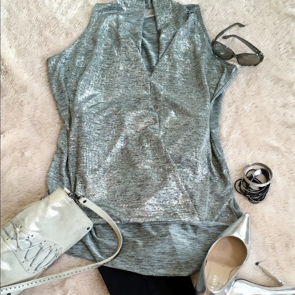Silver Faux Wrap Hi/Lo Blouse